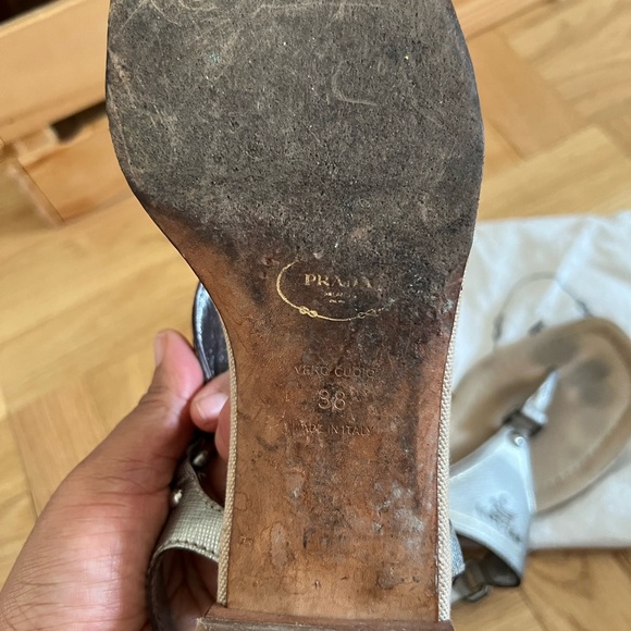 Prada Logo Plaque Metallic Leather Ankle-Strap Thong Sandals Size 7.5 US - Picture 8 of 8